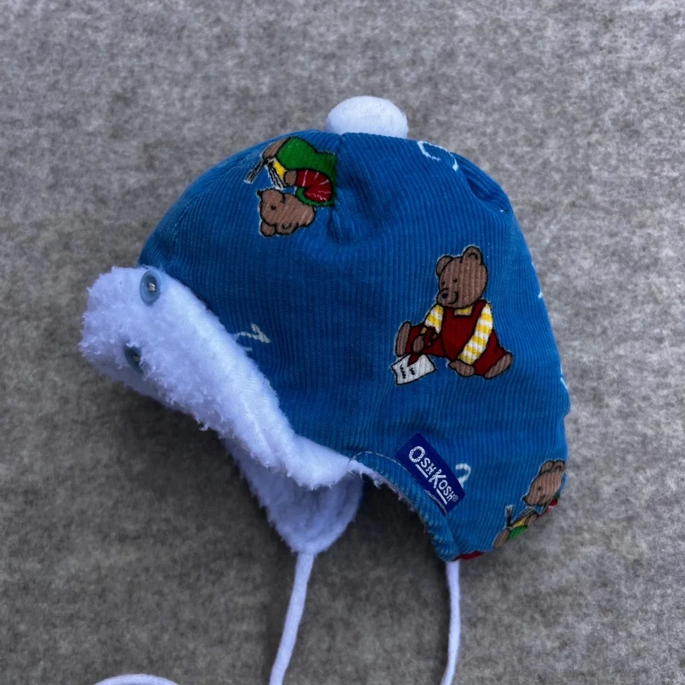 OshKosh VTG Trapper Hat Newborn Baby Blue Corduroy Good Bear ABC 123 Fleece